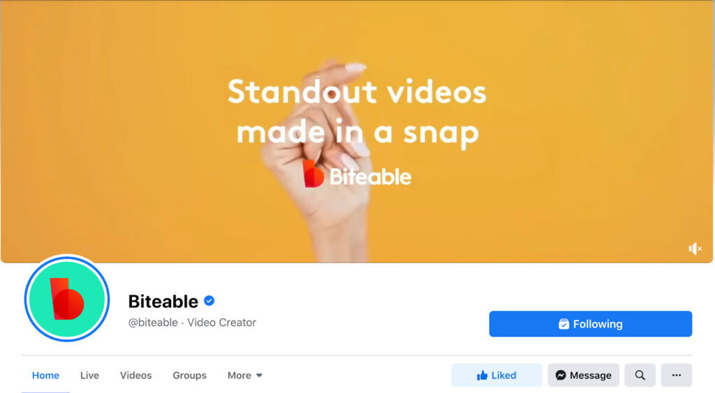 A screenshot of Biteable's Twitter profile, featuring a yellow background and the text "standout videos made in a snap" with the Biteable logo and a hand snapping fingers.