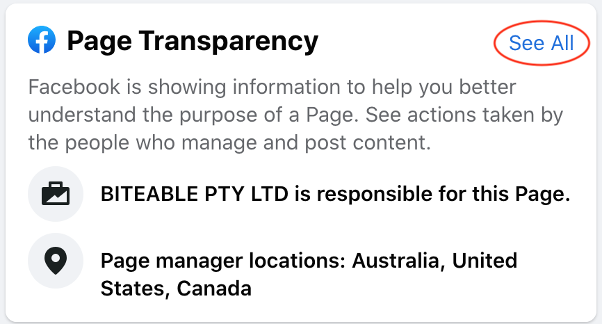 Screenshot of a Facebook page transparency section showing that Biteable Video Maker Pty Ltd manages the page, with operations in Australia, the United States, and Canada.