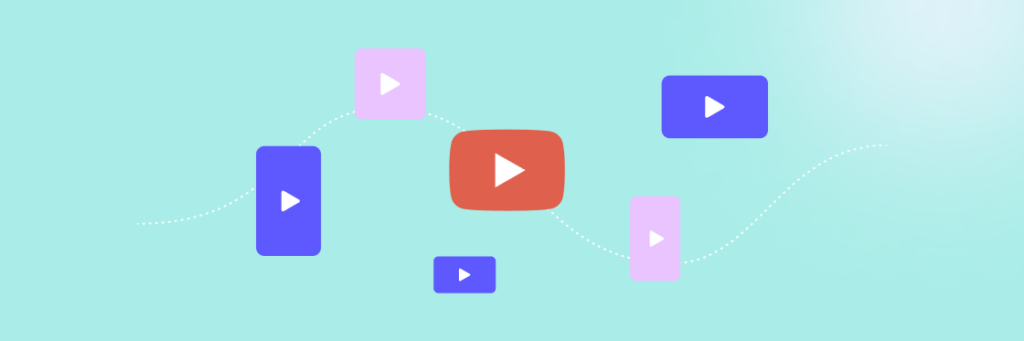 A conceptual illustration of video or media content sharing with a central play button linked to surrounding icons.