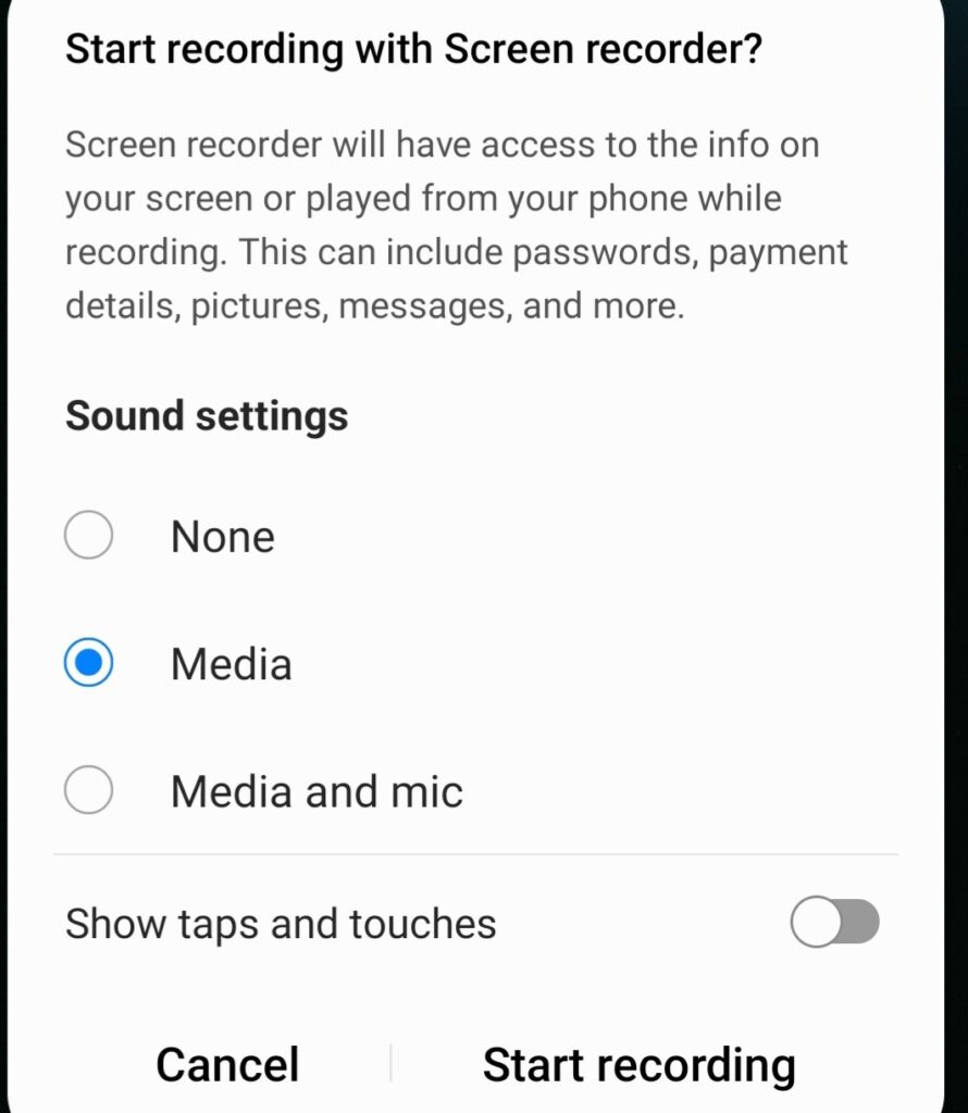 Mobile screen showing a 'start recording with screen recorder?' prompt with options for sound settings and touches display during recording.