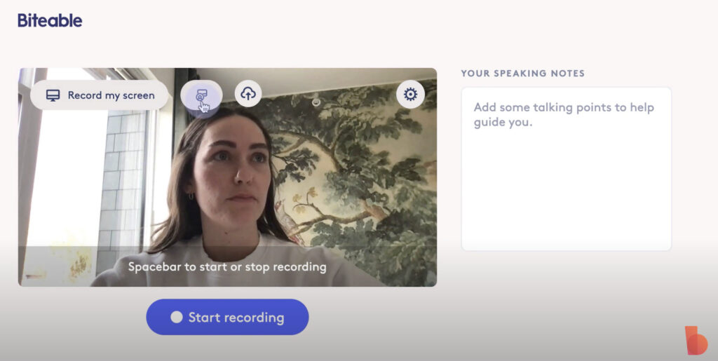A woman preparing to record a screen capture using Biteable video maker software, with screen recording and talking points features visible.