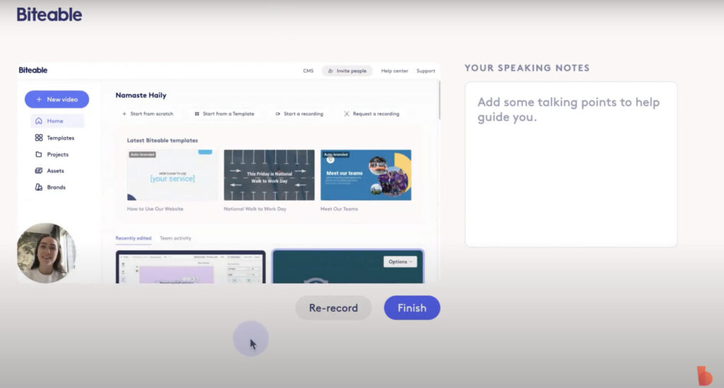 Screenshot of the Biteable video maker interface featuring templates, a video preview, and a panel for entering speaking notes.