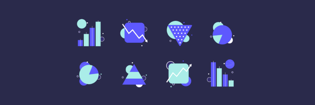 A collection of flat design icons depicting various data analysis and statistics elements designed for the Biteable video maker in a monochromatic color scheme.