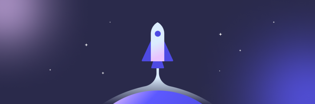 A stylized illustration of a rocket on a planetary surface against a starry sky, designed with Biteable video maker.