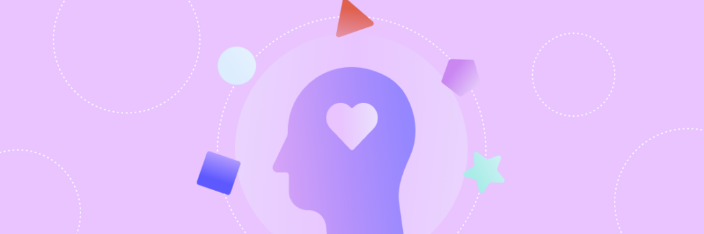 Illustration of a human head silhouette with abstract shapes and a heart symbol inside, surrounded by a circular orbit path and geometric shapes on a purple background, perfect for Biteable video maker projects.