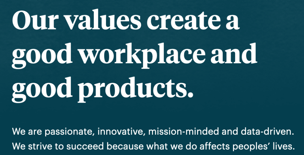 Inspirational corporate message highlighting the importance of company values in creating a positive work environment and quality products.