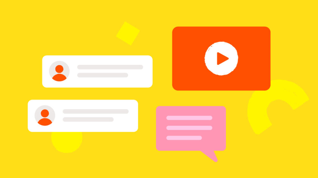 Online video platform interface elements with comments and play button on a bright yellow background.