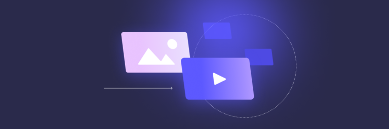 Digital media transfer concept with icons of a photo and a Biteable video file against a dark background, illustrating file sharing or conversion.