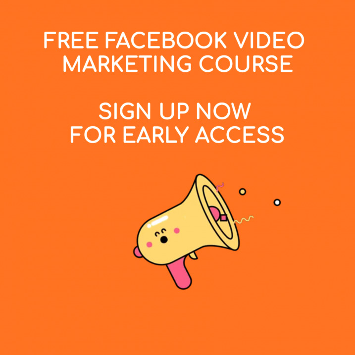 Promotional graphic for a free Facebook video marketing course featuring a cartoon megaphone against an orange background with a sign-up call to action, created using Biteable video maker.