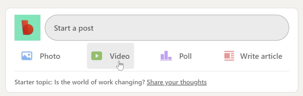 User interface of a social media platform with options to start a post, upload a photo or video, create a poll, or write an article, along with a suggested topic about changes in the work environment.