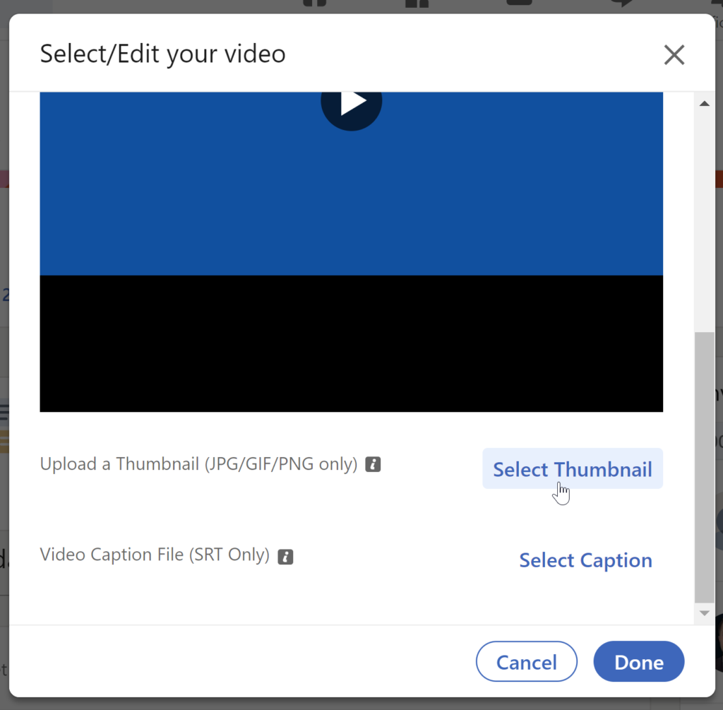 A screenshot showing a video upload interface with options to select a thumbnail and input a video caption.
