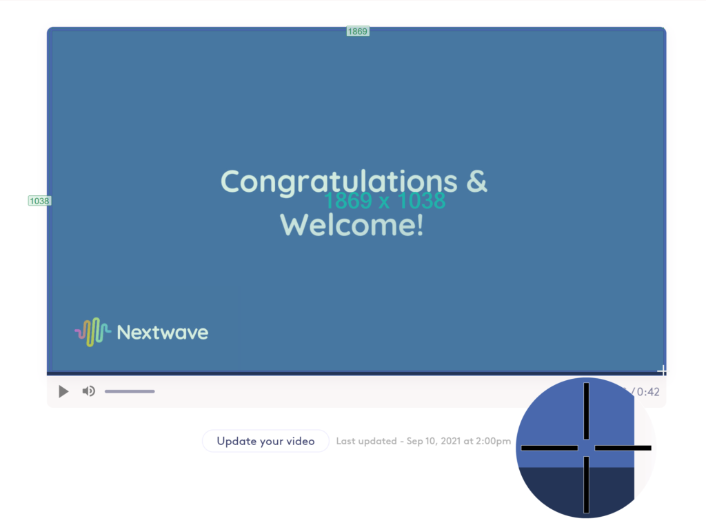 A screenshot of a video editing interface showing a preview screen with the text "congratulations & welcome!" and the watermark "nextwave," along with video controls, a timeline, and an update reminder.