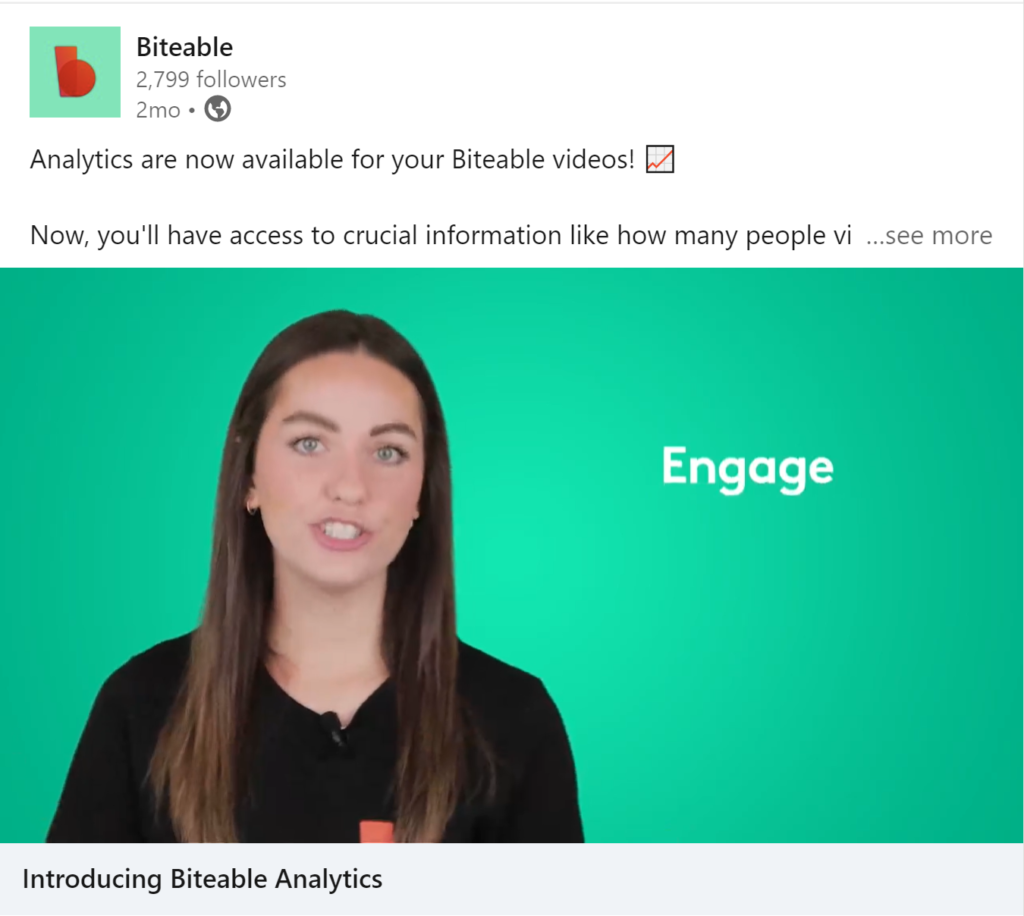Woman presenting biteable analytics feature against a green backdrop.