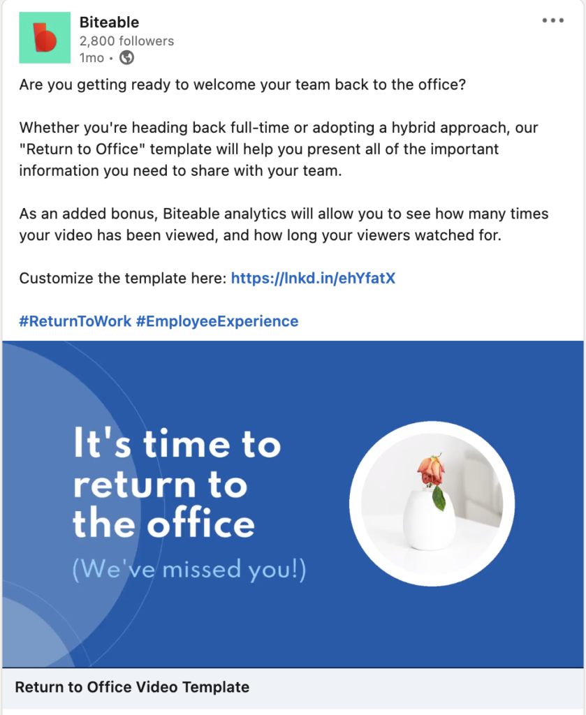 Social media post by biteable announcing a return to office video template with a message stating, “it's time to return to the office!”.