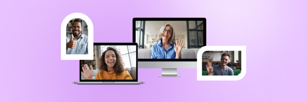 A virtual meeting created using Biteable video maker with four participants smiling and waving from individual frames.