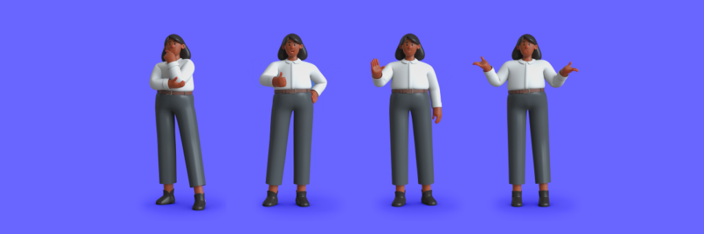 Four identical 3d animated models of a woman in various poses against a blue background, created with Biteable video maker.