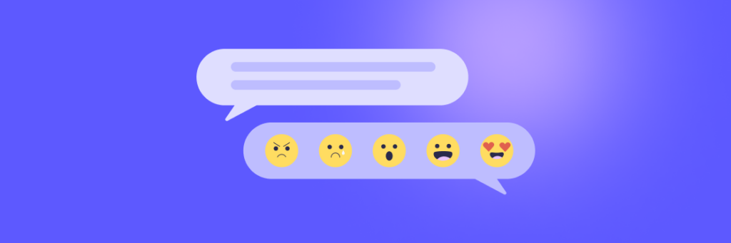 Speech bubble icons with a progression of emoji reactions from unhappy to heart-eyes on a blue background, designed using Biteable video maker.