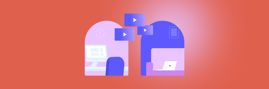Illustration of a stylized split view of two home office setups connected by arrows, depicting remote communication or workflow on a gradient background, enhanced using Biteable video maker.