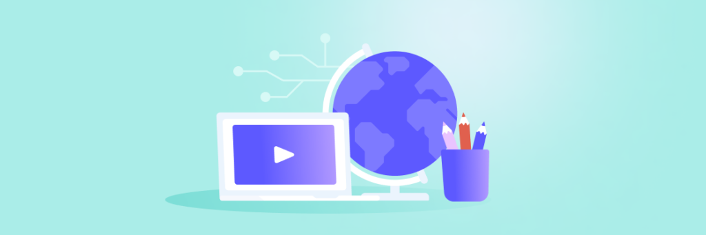 An illustration of online learning tools including a laptop with a play button on screen, a globe signifying international connectivity, and a cup of pencils.