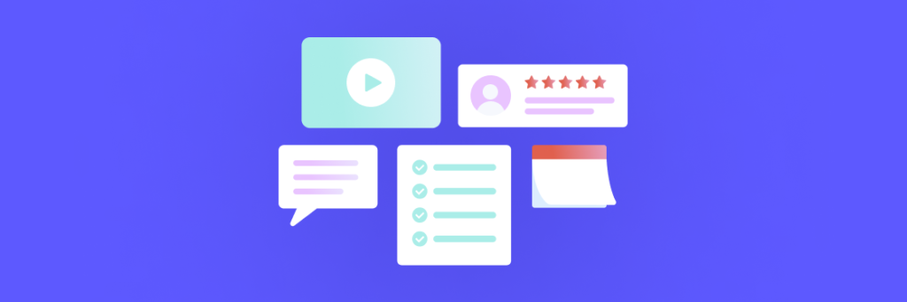 Illustration of user interface elements and online feedback icons on a purple background.