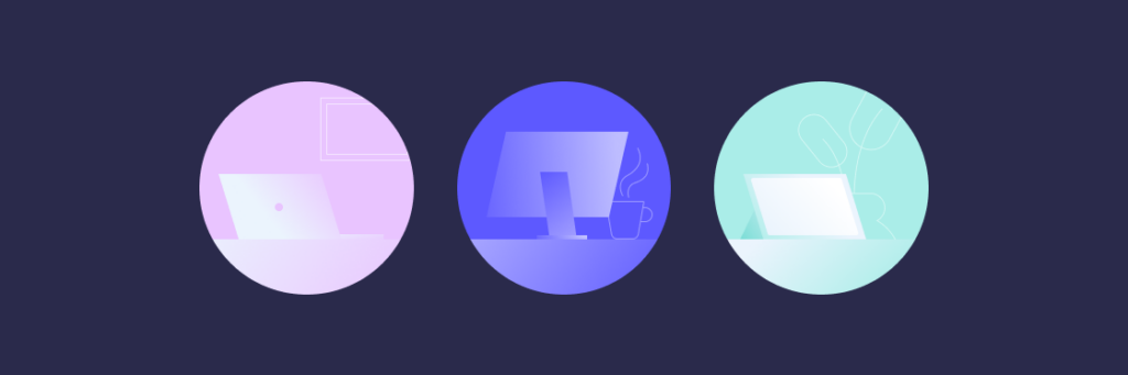 Three circular icons depicting different models of computers in a gradient color scheme.