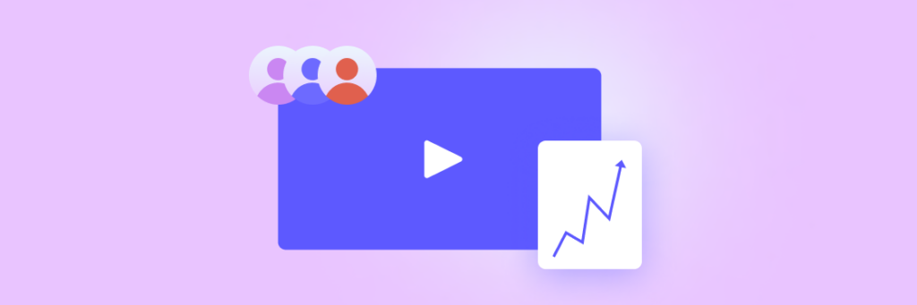 Graphic of a video player icon with user avatars and a growth chart, possibly representing the increase in video engagement or audience growth.