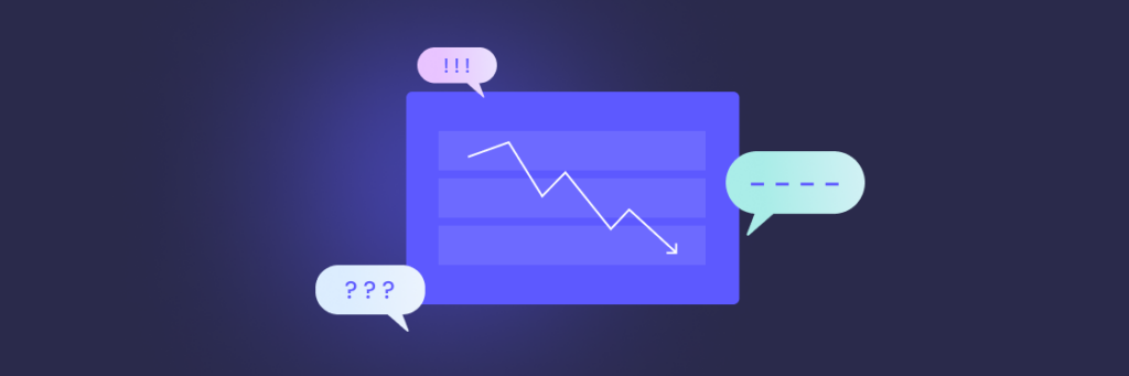 A graphic illustration showing a stylized line chart with a downward trend and speech bubbles containing a question mark and exclamation points, suggesting a discussion or reaction to the displayed data.