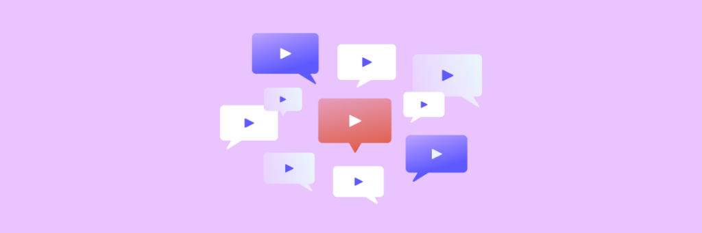 Graphic of chat bubbles with video play icons, symbolizing online video conversations or sharing.