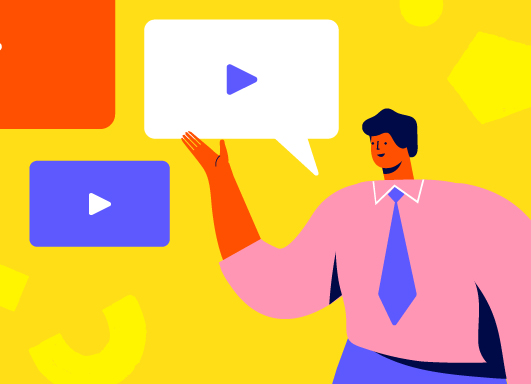 A stylized illustration of a person gesturing towards video play icons in speech bubbles, symbolizing online video communication or content sharing.