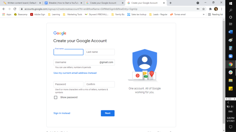 A screenshot of the google account creation page displayed on a computer screen.