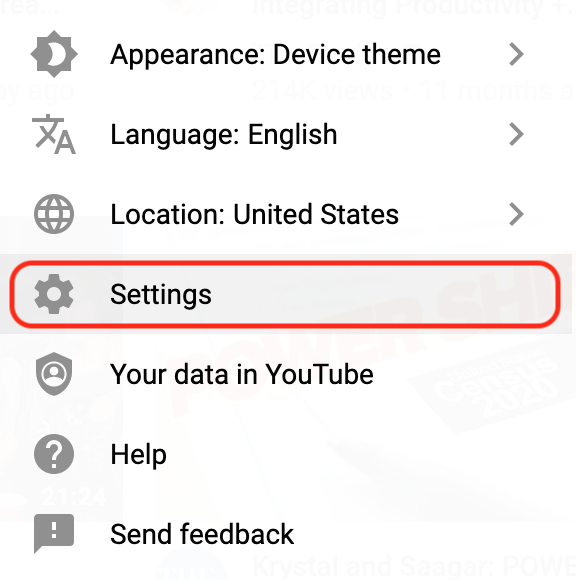 A screenshot showing the youtube mobile app interface highlighting the "settings" option in the menu.