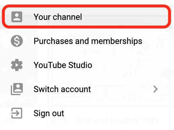 Youtube account menu highlighting "your channel" option.