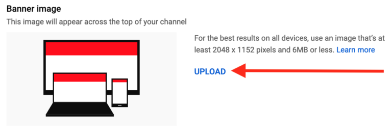 Illustration of a responsive banner image layout for different devices next to an upload button.