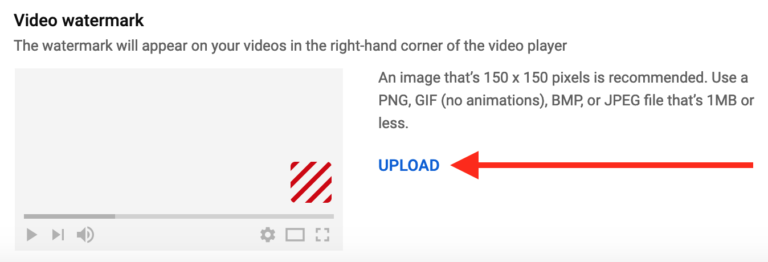 Screenshot of a video watermark upload interface with an example watermark and an "upload" button indicated by a red arrow.