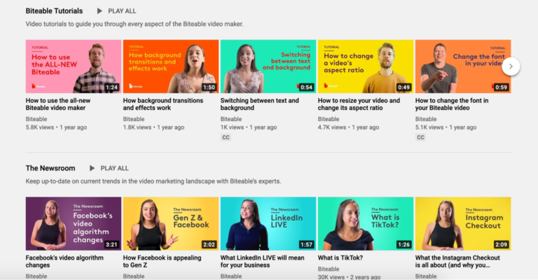 Screenshot of biteable tutorial video thumbnails on a website, showcasing various topics on video editing and social media trends.
