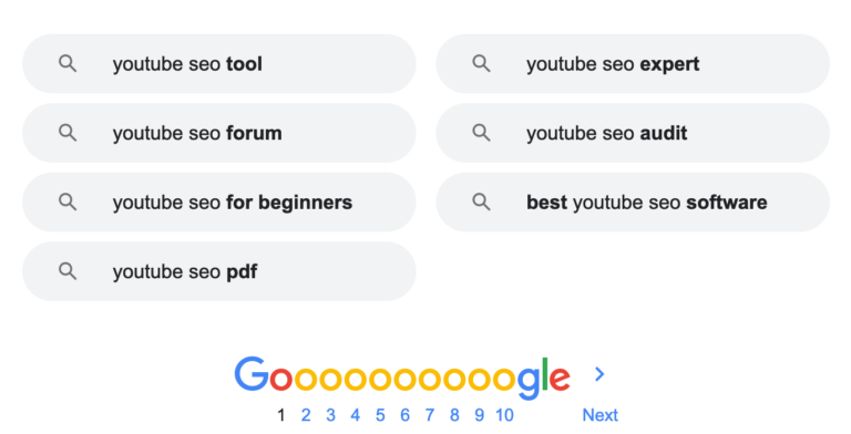 Search engine results page displaying various queries related to youtube seo tools and resources.
