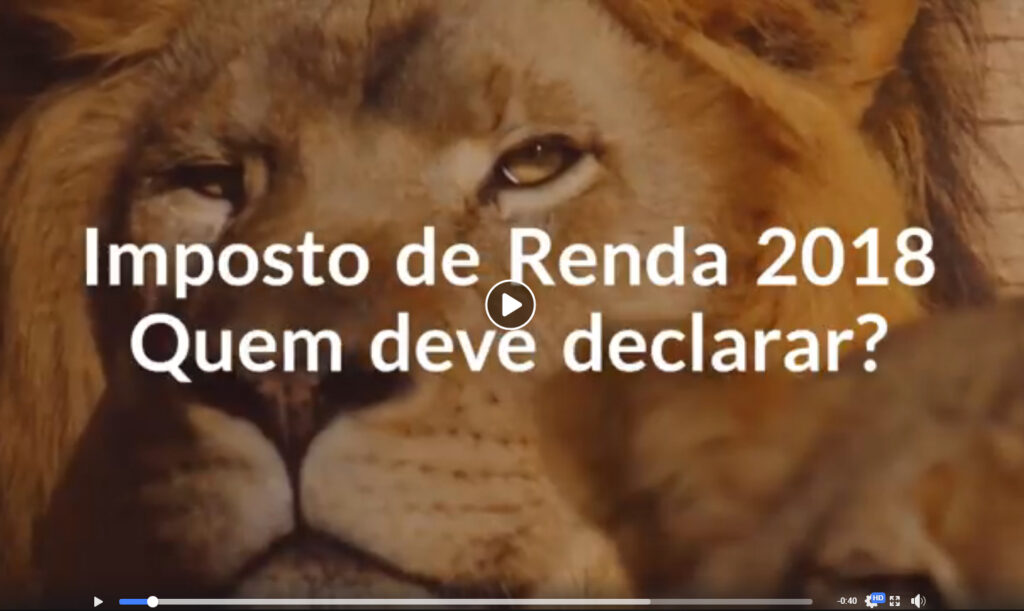 Biteable video maker presents a close-up of a lion with overlay text in Portuguese regarding income tax declaration.