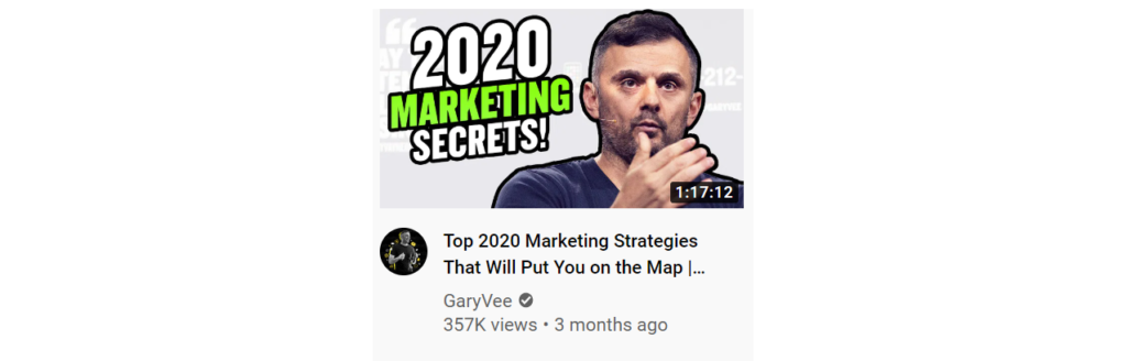 A screenshot of a Biteable video maker project thumbnail featuring a man with a hand gesture near his face and text overlay about 2020 marketing secrets by a user named garyvee.