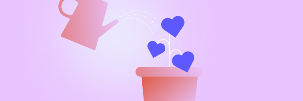 A graphic illustration of a watering can tipping water over a flowerpot, with heart-shaped flowers symbolizing growth or love.