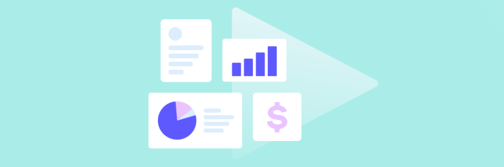 Illustration of business and financial analysis icons, including a document, bar chart, pie chart, and dollar sign.