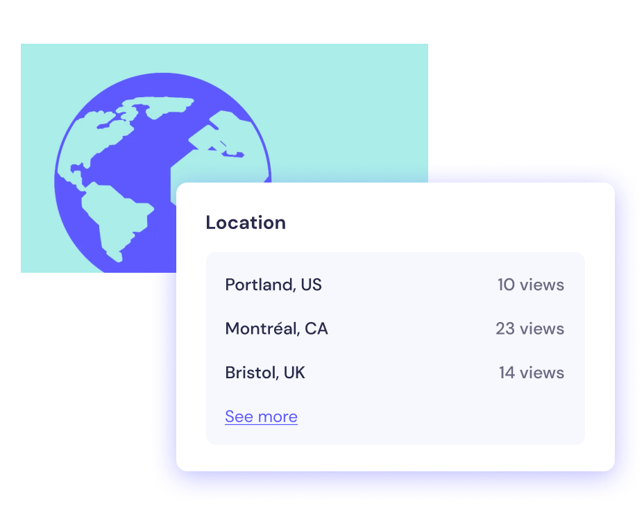 An illustration of a world globe next to a digital analytics card showing the number of views from different locations.