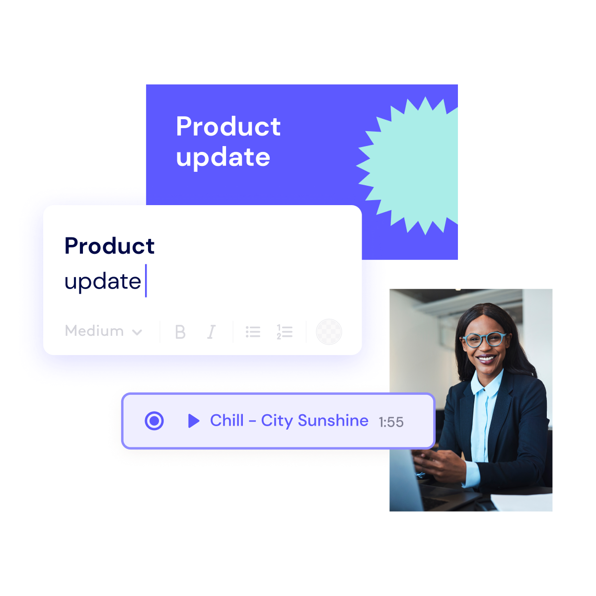 A professional woman in business attire smiles while a graphic of a product update notification is displayed in the foreground.