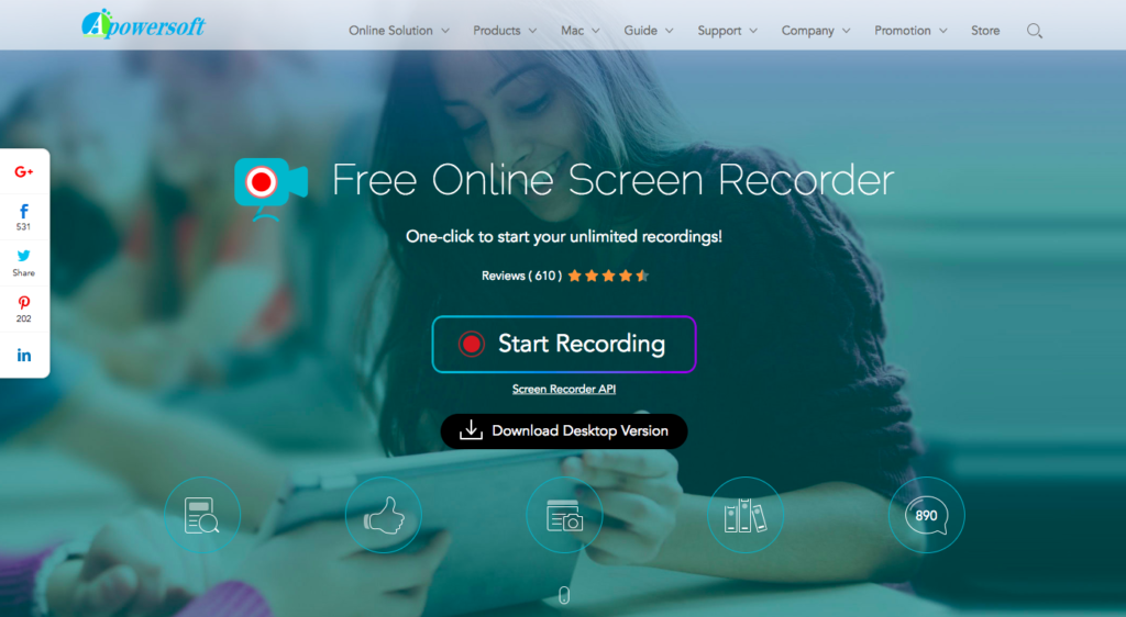 Website homepage promoting a free online screen recorder tool with a call-to-action button for starting recordings and an option to download the desktop version.