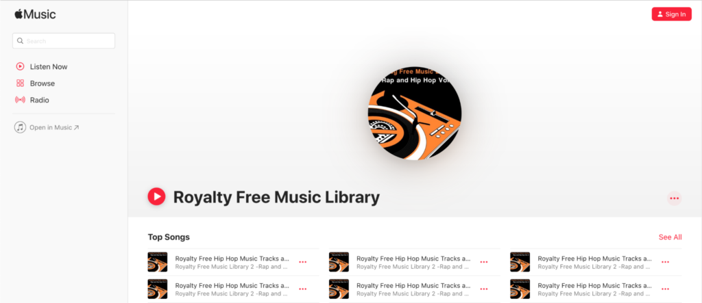 A screenshot of a music streaming platform's page featuring a royalty-free music library with a focus on hip hop music tracks.