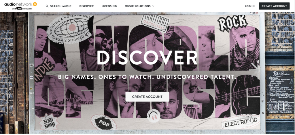 A webpage banner for a music licensing platform with the word "discover" prominently displayed, featuring images of diverse musicians and music genres, encouraging users to create an account to explore famous and emerging talent.