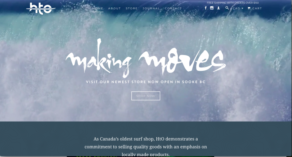 A screenshot of a surf shop's website homepage featuring the phrase "making waves" with a backdrop of an ocean wave.