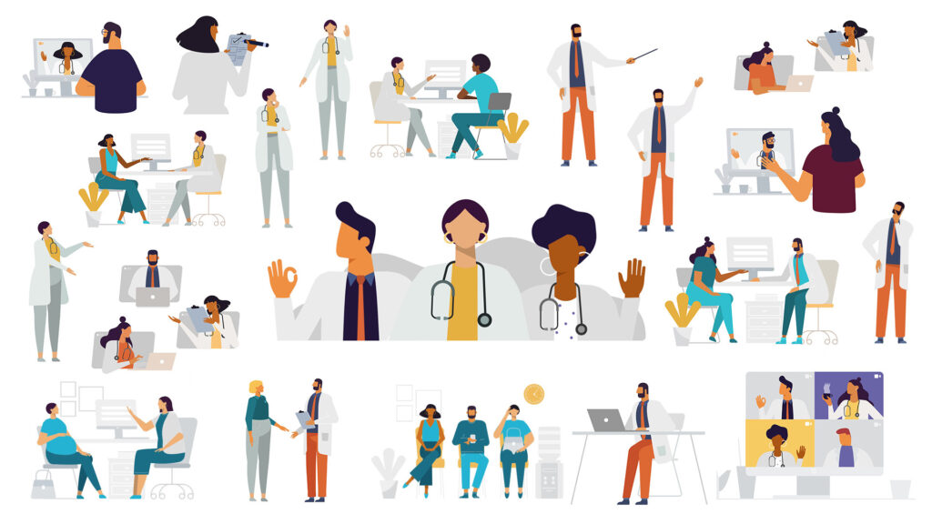 A collage of vector illustrations depicting diverse professional and social scenarios involving people engaging in conversations, presentations, medical consultations, and casual interactions.