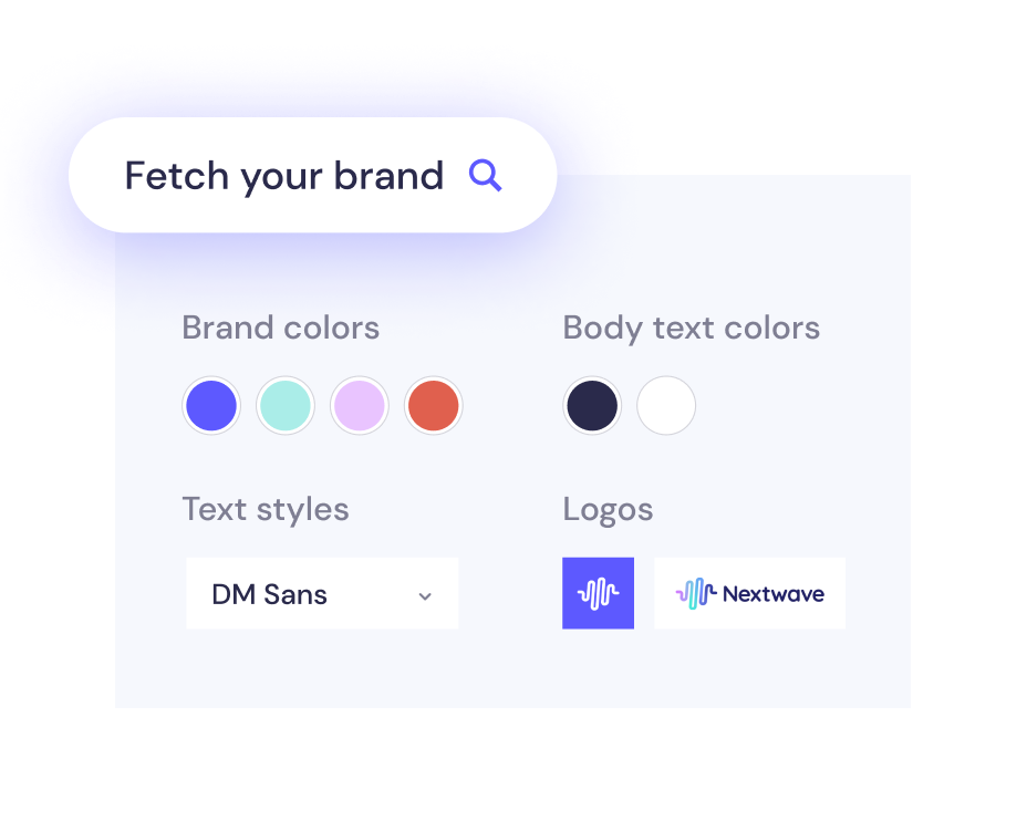 A digital branding platform interface displaying options for brand colors, body text colors, text styles, and logos.