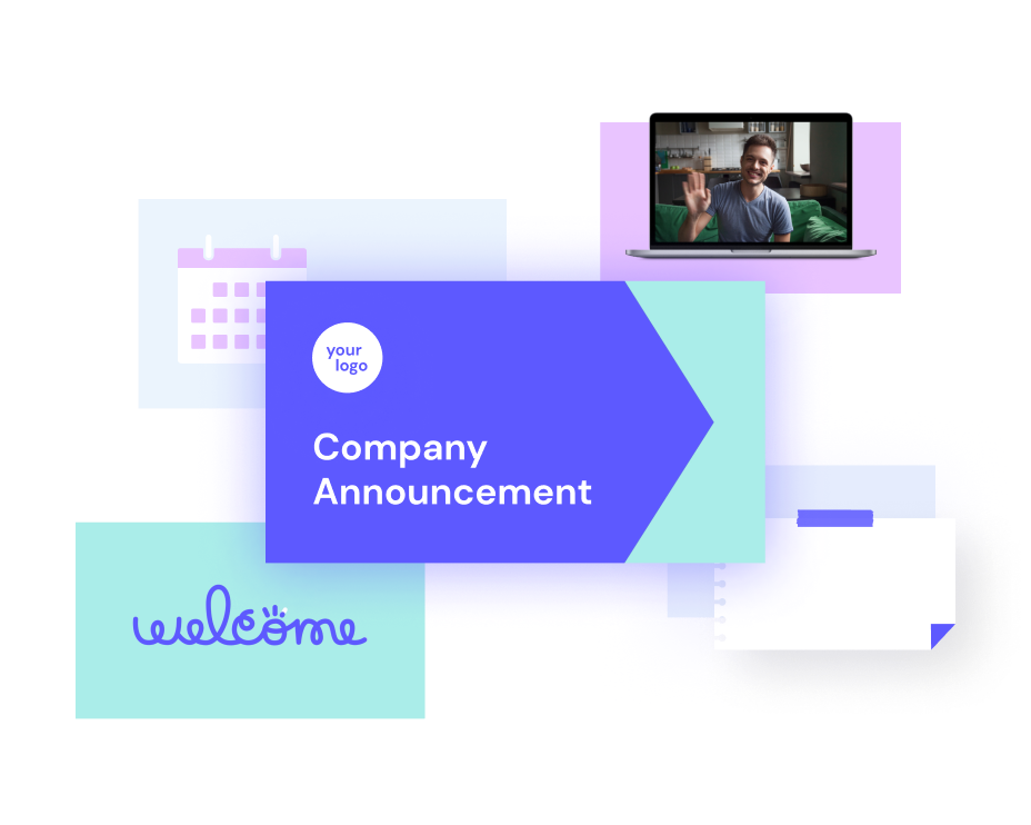 A digital collage for company announcement featuring various elements like a calendar, a welcome note, and a video call screen with a waving person.
