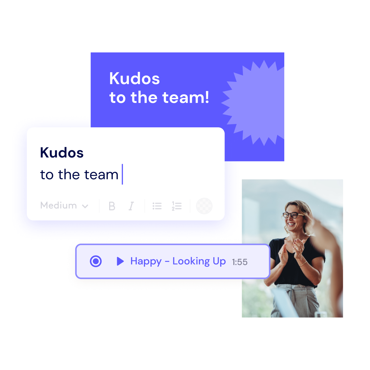 A collage displaying a digital 'kudos to the team!' message, an editor interface titled 'kudos', and a woman clapping hands and smiling.